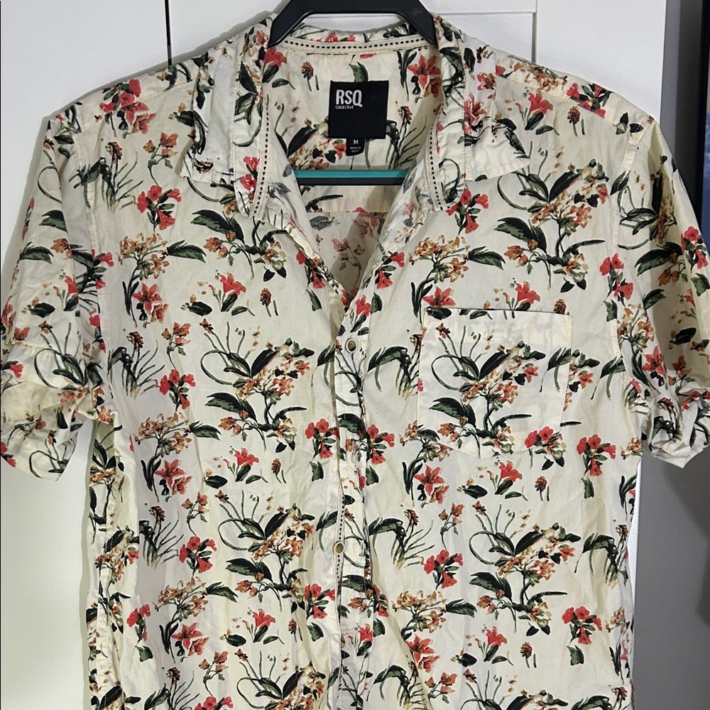 RSQ Men's Floral Button Down Shirt - Cream and Red